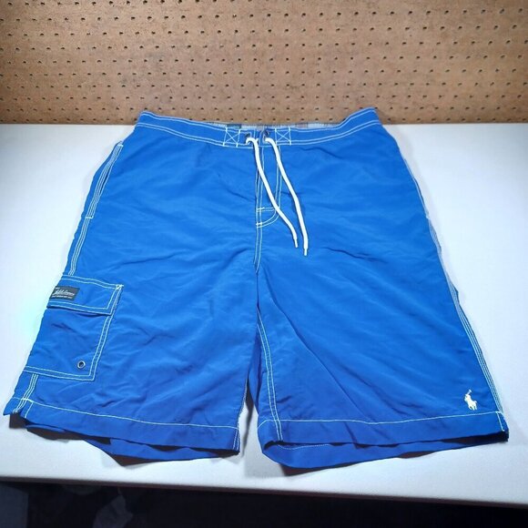 Vintage POLO Ralph Lauren mens blue white stitch swim trunks L